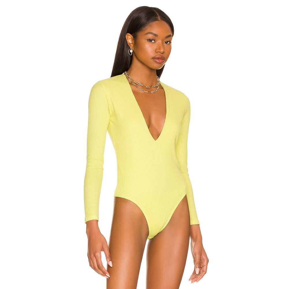 RESA Ever Bodysuit Lime‎ Yellow Plunge V-Neck Ribbed Jersey Long Sleeve Sz XS